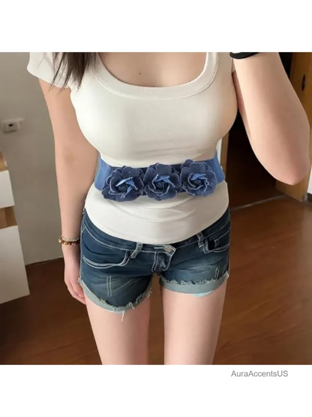 Stretchy Elastic Belt with Flower Pearl Decoration for Dresses Coats - Wide
